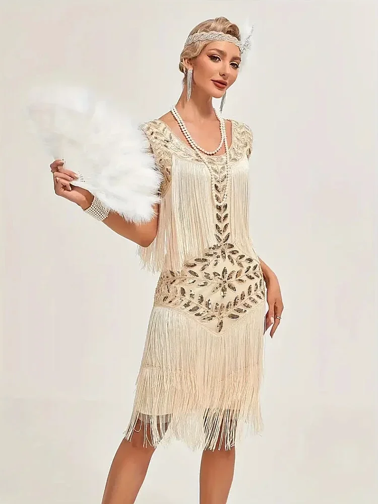 فستان مطرز بالترتر 20s لحفلات الكوكتيل بدون أكمام فساتين فلابر رقبة سكوب فساتين غاتسبي العظيم مهدب