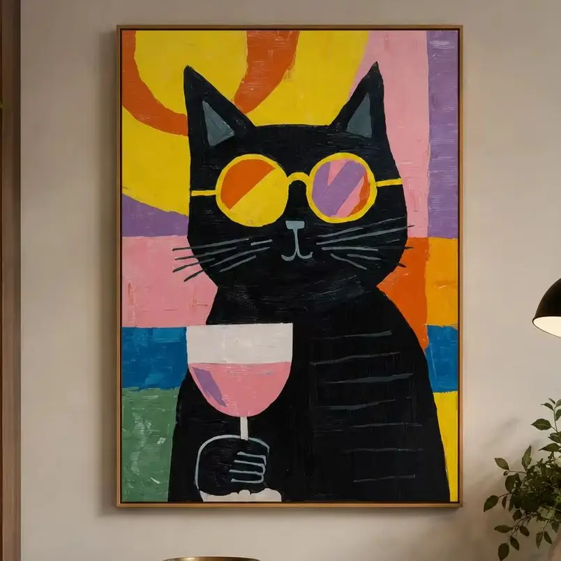 The image is a colorful painting of a black cat,Canvas Wall Print,High‑Grade Home Decoration Artwork for Bedroom,Living Room