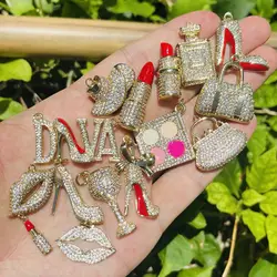 14Pcs/Lot Zirconia Pave Fashion Bag Lipstick Hat High Heel Hat Charms Bundle for Custom Design Bracelet Jewelry Making