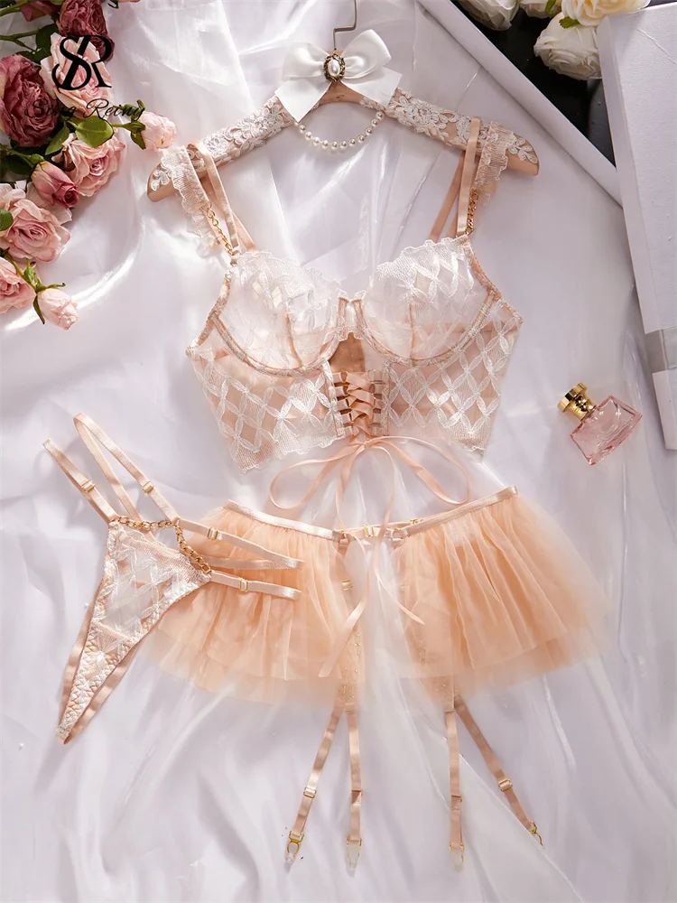 

SINGREINY Fashion Gauze Sheer Erotic Lingerie 3 Pieces Sets 2024 Bandage Slim Sleepwear Female Transparent Sexy Underwear Suits