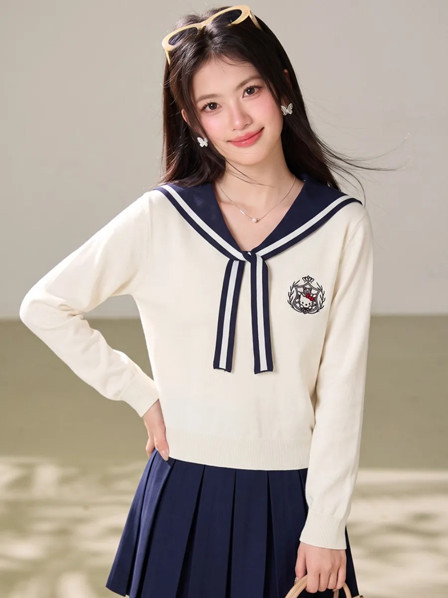 Navy Neck Patch Embroidered Knitted Sweater Women's College Style Tie Waist Slim Long Sleeve Overhead Knitwear Top