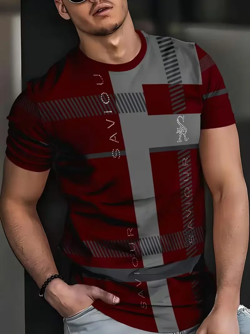 Mens T-shirt burgundy grey geometric block stripe dotted letter graphic print short sleeve crew neck casual street top