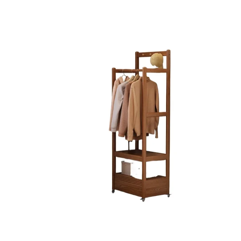 

Solid wood bedside table hanger integrated simple bedroom floor, movable storage coat rack