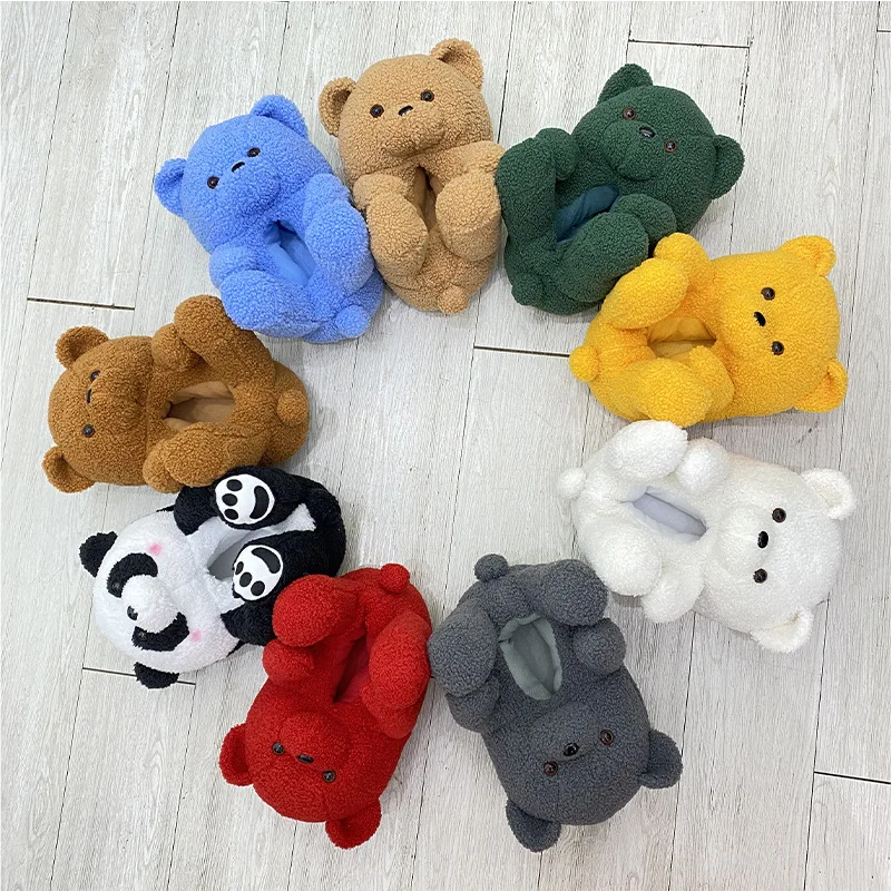 

Kids Slides Cute Winter Warm Floor Slippers Cute Panda Slippers Child Funny Plush Slides Cartoon Home Slippers Teddy Bear Shoes