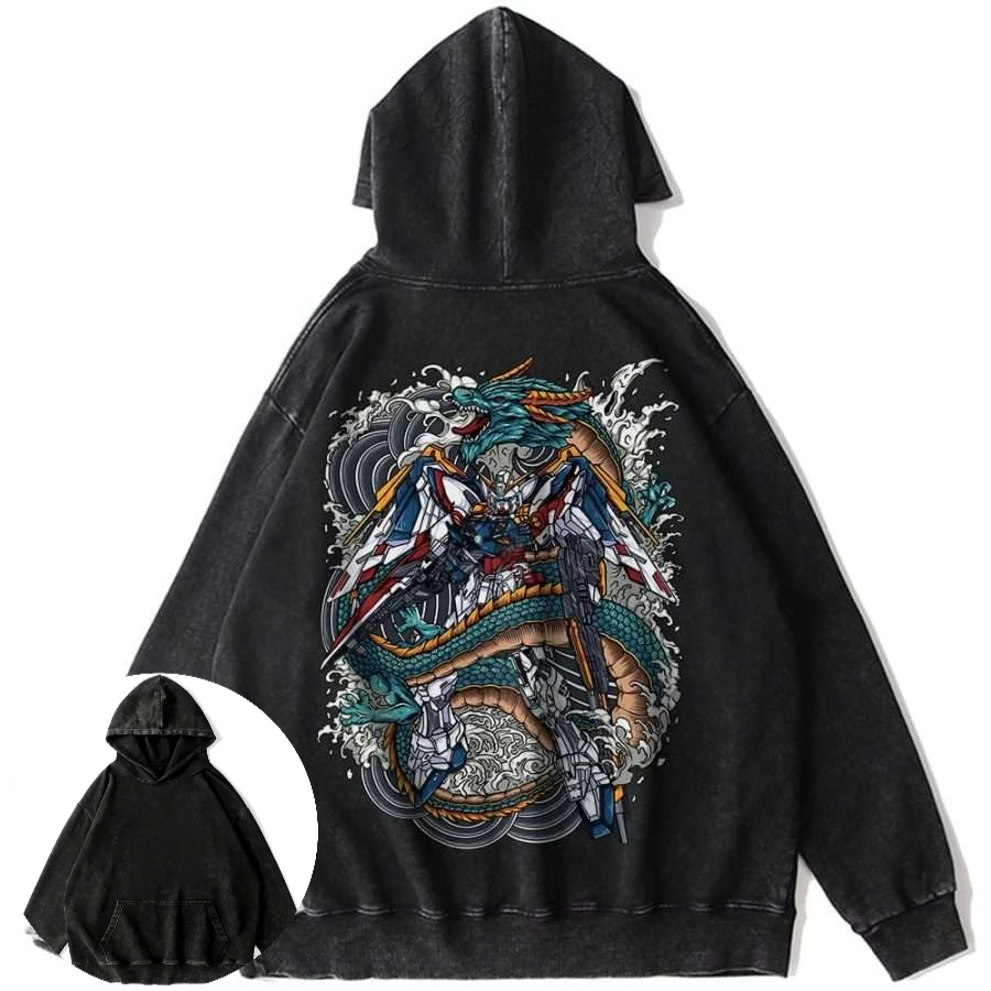 Heren vintage gewassen zwarte katoenen hoodie anime Gundam Mecha en Dragon Epic Battle grafische losse pasvorm Y2K hiphop streetwear