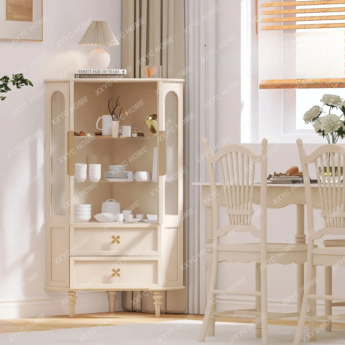 

S French minimalist storage wine cabinet household storage double door high cabinet living room decorative cabinet cream wind