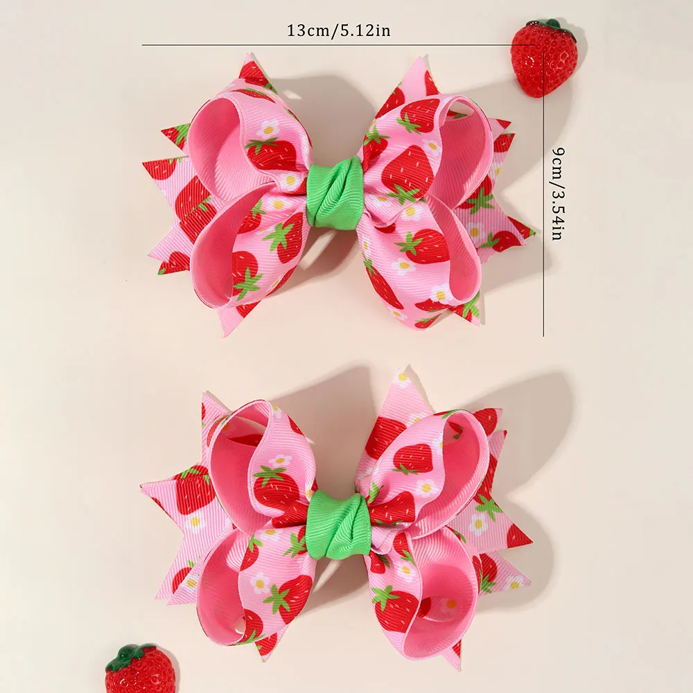 2Pcs Ribbon Strawberry Print Bows Hair Clips Bowknot Hairpin Kid Barrettes Pink Ponytail Clip Headwear Children Hair Accessories