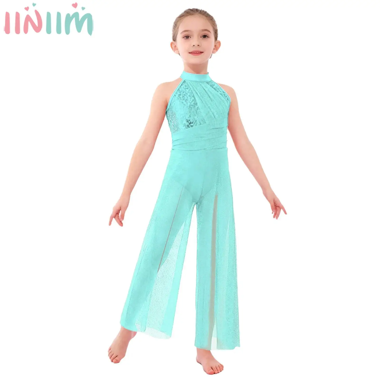 Children Girls Shiny Sequin Split Shimmery Mesh Lyrical Dance Jumpsuit Skating Gymnastics Acrobatics Wide-Leg Bodysuit Dancewear