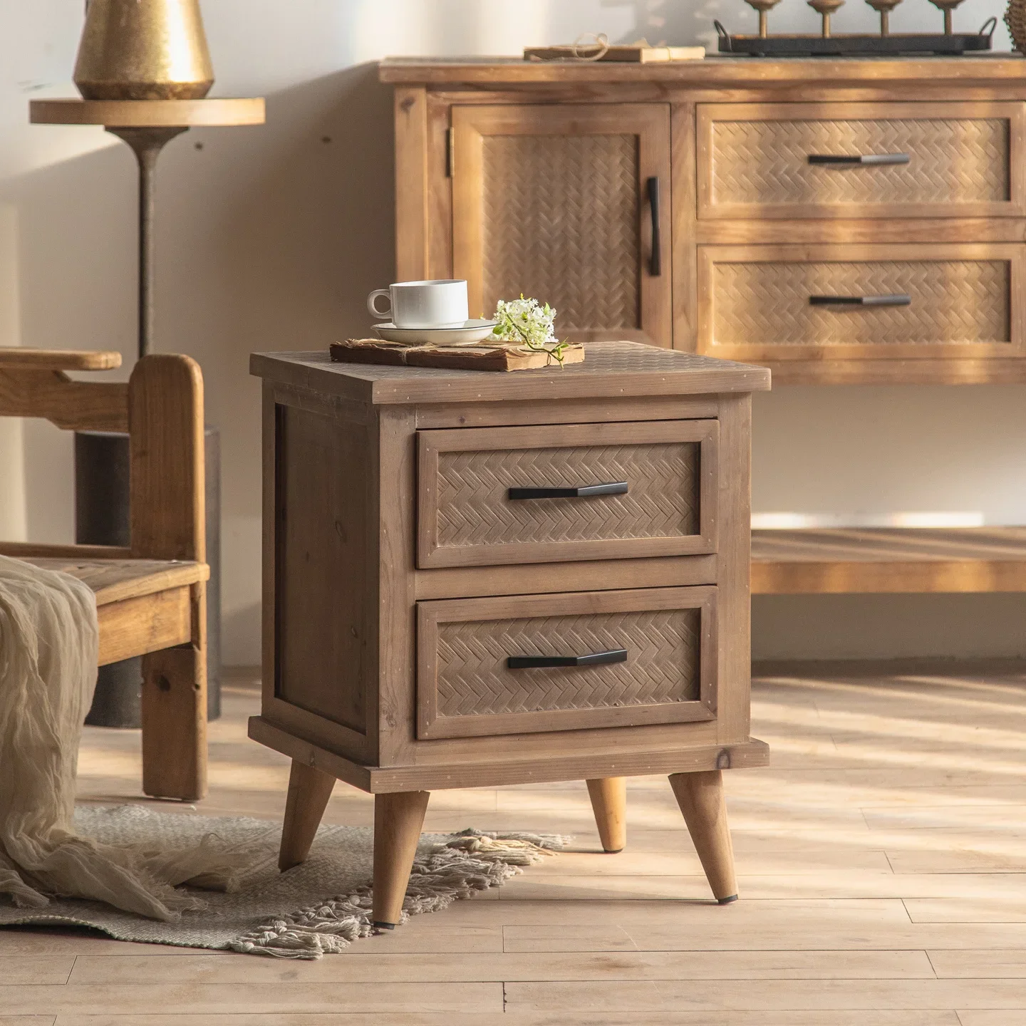 Wabi Sandy Wind Bedroom Bedside Table Solid Wood Retro Old Storage Locker B & B Small Household