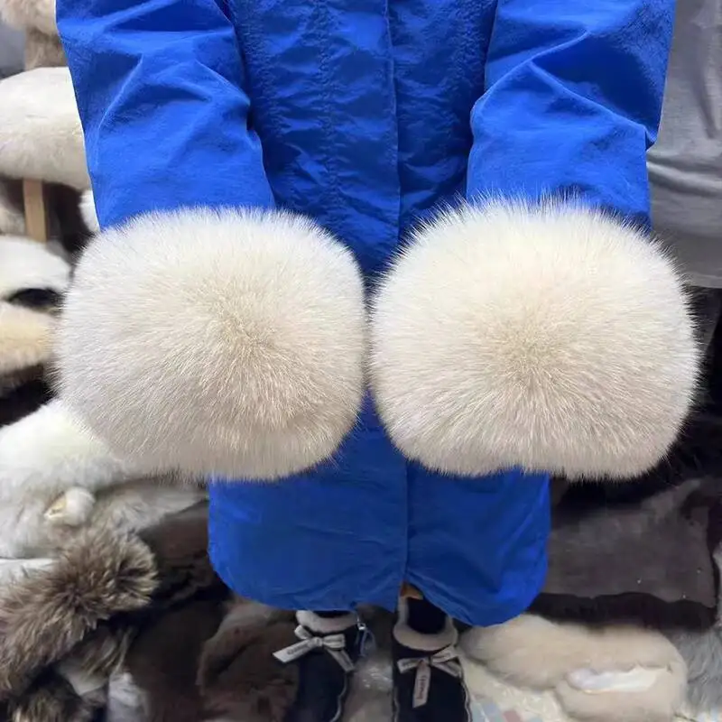 진짜 모피 커프스 손목 워머, 블랙 리얼 여우 모피 손목 밴드, 레이디 팔찌 재킷 소매 장식, 리얼 퍼 커프 코트 액세서리