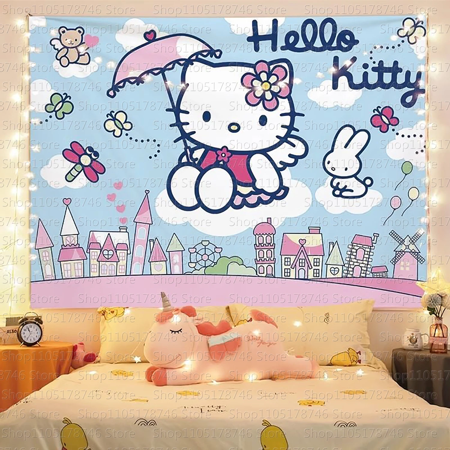 Sanrio Cartoon-Themen Bedruckter Wandteppich Niedlicher Cartoon-Stil Fantasy-Hintergrund Heimdekoration Mädchenherz Bedruckter Wandteppich
