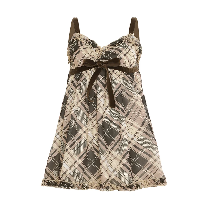 Sweet Plaid Bow Cute Simple Camisole Dresses Tops Fashion All-Match Retro Women Home Clothing image 5