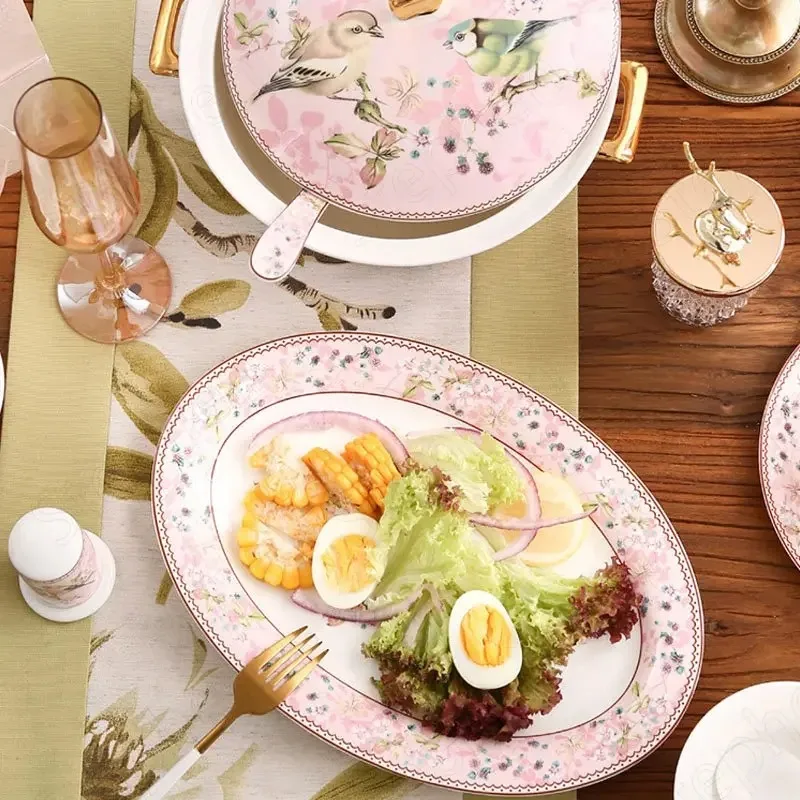 European Light Luxury Bone China Dinner Plate Nordic Classical Pink Enamel Ceramic Plates Fruit Salad Bowl Bird Decor Tableware