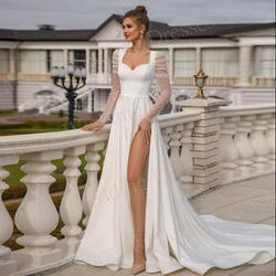 Fascinating A Line Wedding Dresses Modern Square Collar Bride Gown Long Sleeve Satin High Side Split Vestido De Novia Customized