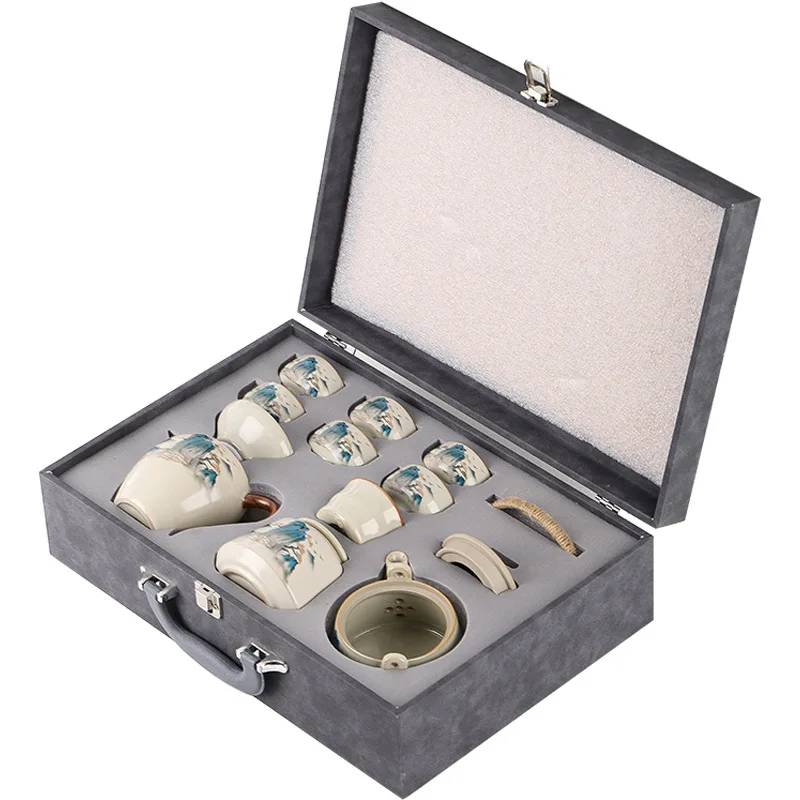 

High-end Ru kiln cover bowl Kung Fu tea set gift box set ceramic simple household teapot tea cup complete tea set