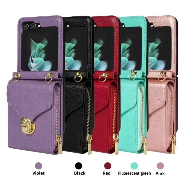 For Samsung Z Flip 5 Zipper multi-card bag crossbody mobile phone leather case lock buckle lanyard card protective cover