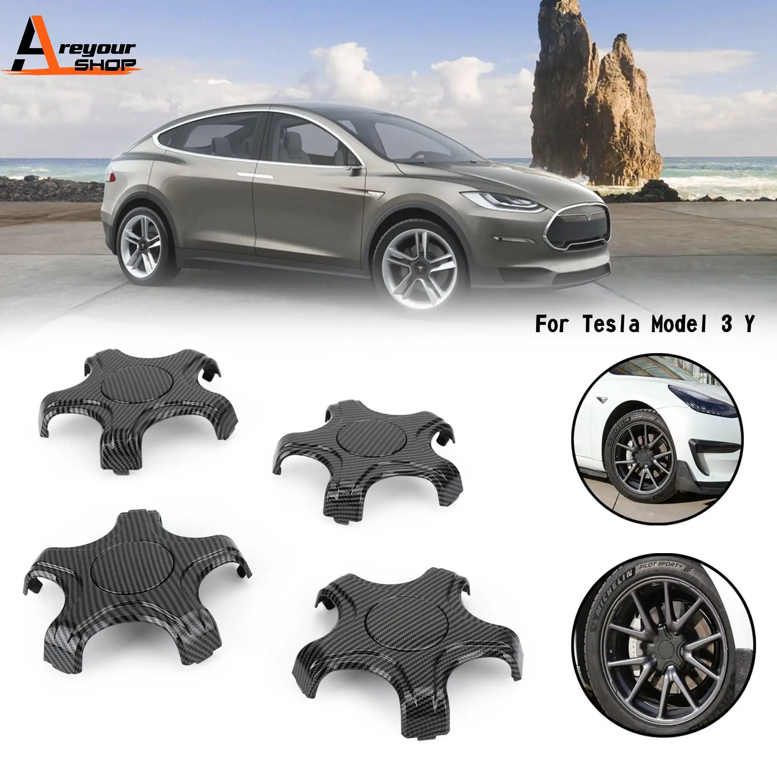 Areyourshop 4PCS Wheel Center Hub Cap Cover Center Rim Cap Fit For Tesla Model 3 Model Y Car Auto Accessories Parts