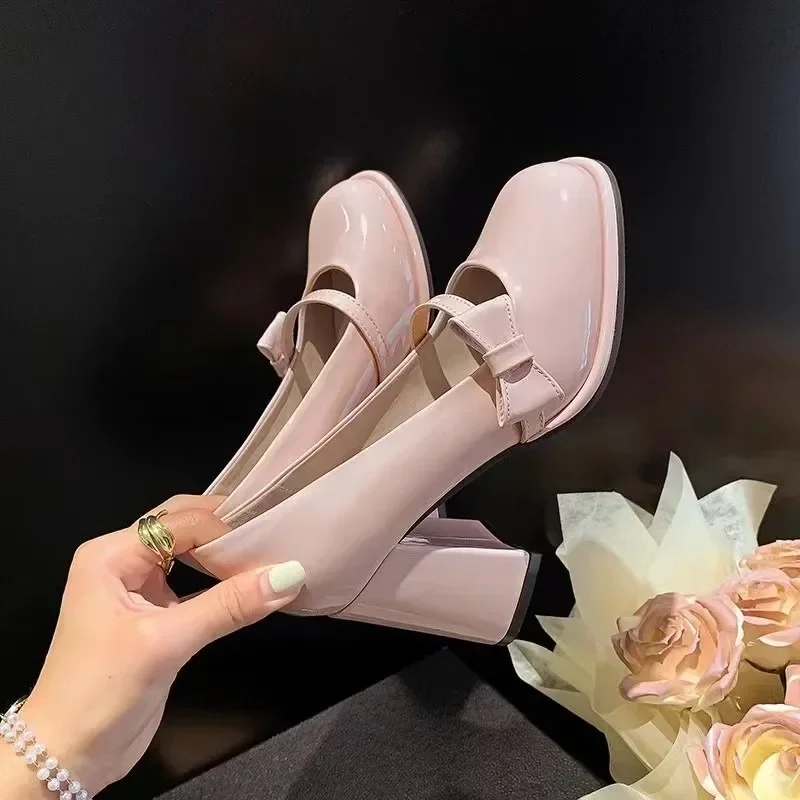 Mary Jane-Sandalias De tacón alto para Mujer, zapatos De punta redonda con lazo rosa, una sola capa grueso De tacón, a la moda, nuevos