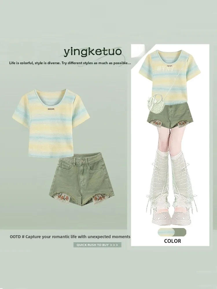 

Summer Gradient Stripe Short Sleeve Embroidered Denim Skirt Set Women Style High Waist Short Dressing Two Piece Suit