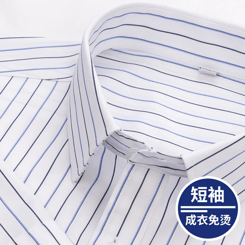 Luxury Men\'s Non-Iron Dress Shirt Summer 100% Cotton Striped Short Sleeve Shirts Business Casual Formal Tuxedo Blouse Top