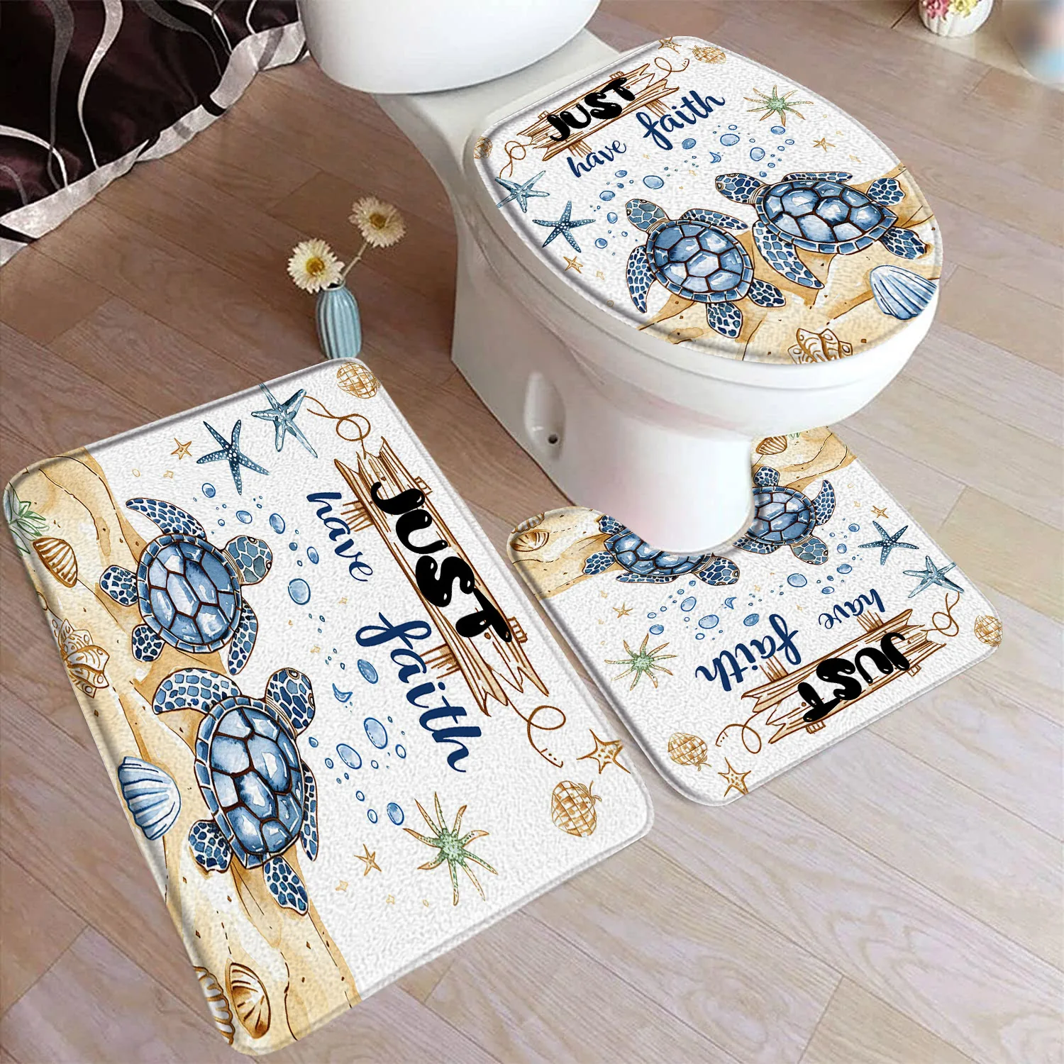 

Blue Sea Turtle Bath Mat Set Beach Starfish Seashell Ocean Animals Fish Home Carpet Bathroom Decor Floor Rugs Toilet Lid Cover