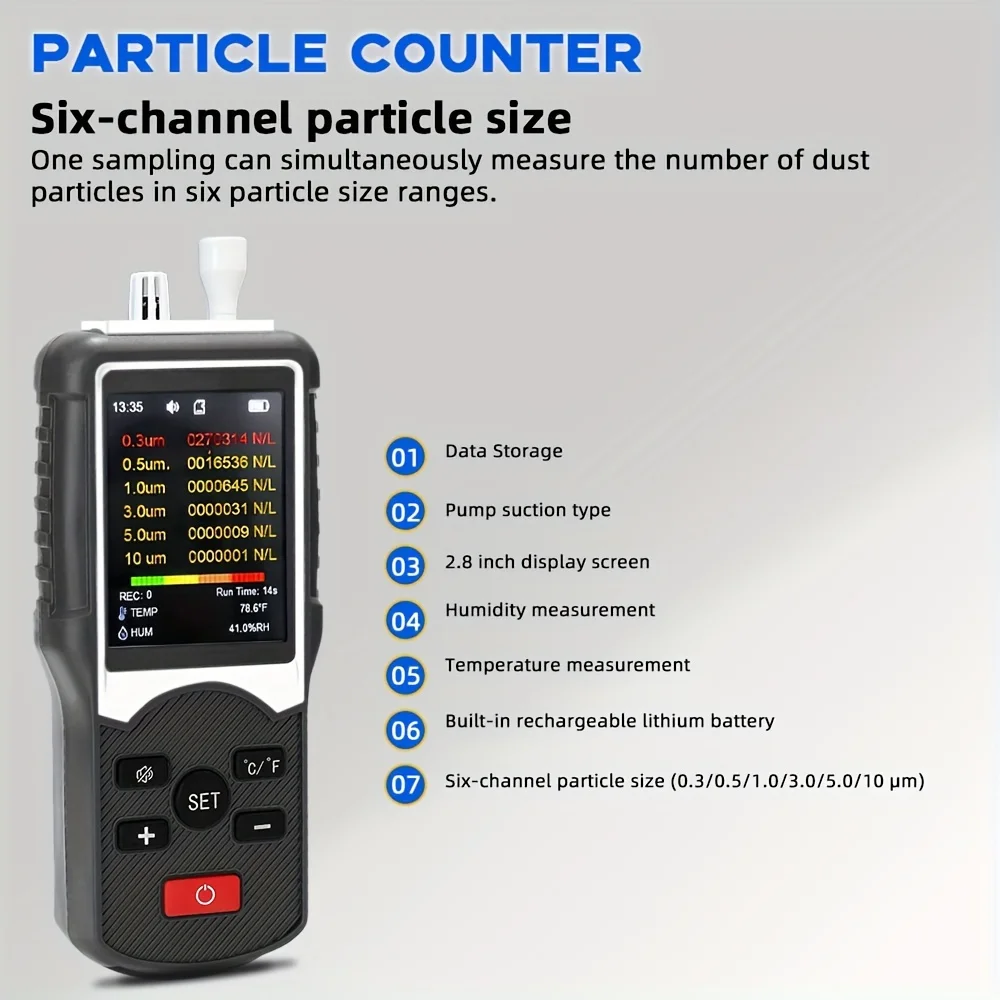 

Portable And Efficient Dust Particle Counter JD-3003 With 2.8-inch Display Screen Detect Six Particle Sizes Simultaneously