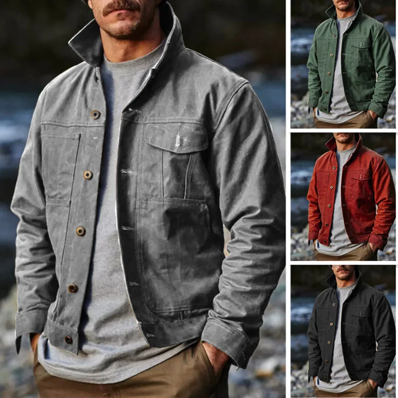 

2025Spring New Men's Jacket Multi-Grain Buckle Multi-Pocket Retro Classic Coat Independent Stand Cardigan