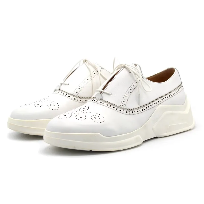 Luxury Perforated White Leather Chunky Sneakers Classic Brogue Detailing Lightweight Elevated Sole All-match Daily Shoes
