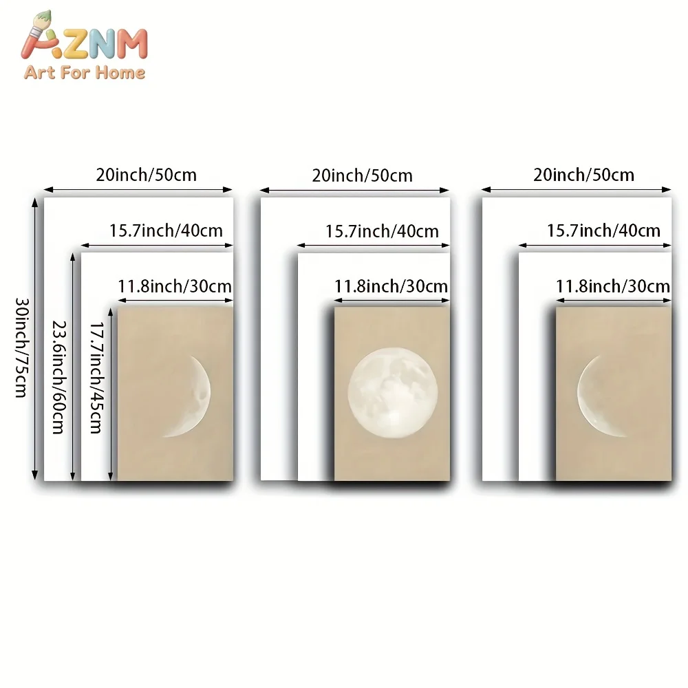 AZNM Boho Moon Phase Canvas Wall Art, Minimalist Neutral Beige Full Crescent Moon Print Poster, Unframed Single Piece Decorative