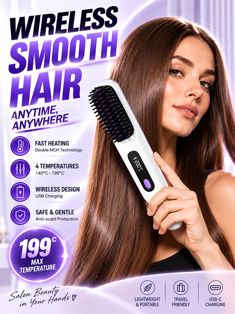 ヘアストレートブラシ、電動式、コードレス、充電式、4段階の温度設定、デジタル温度表示、携帯用。