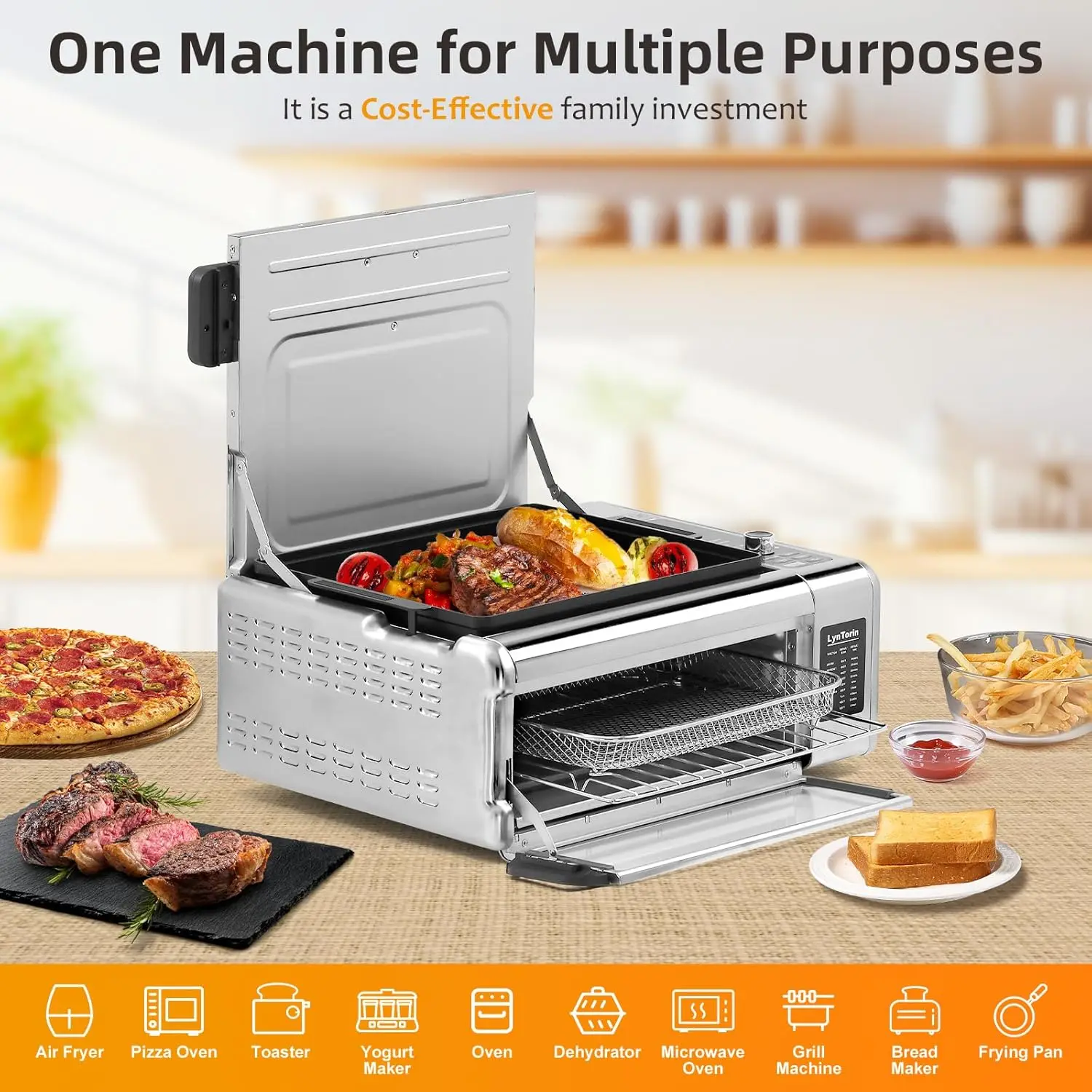 Freidora de aire 10 en 1 + horno tostador de convección + sartén, combinación de horno de pizza con freidora de aire digital, abatible hacia arriba, ahorra espacio del 50%, doble Ind