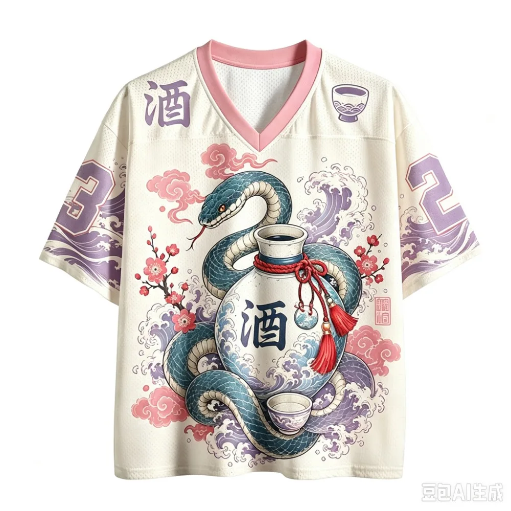 Snake Wine Jug Wave Patterns Sports Quick-drying Breath 3D Print Men V-Neck T-Shirt Street Fashion Hip-Hop parent-child Clothing