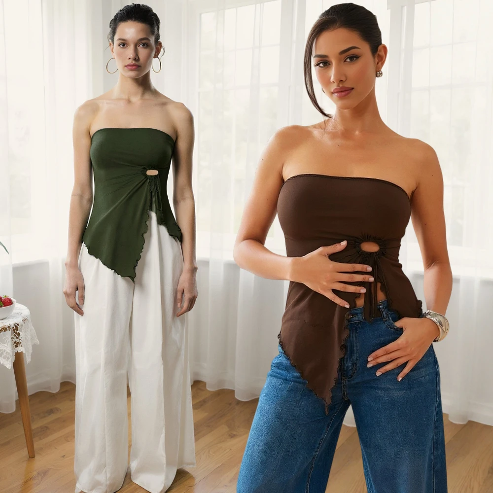 

Женские майки, осень 2024, модные однотонные майки с рюшами и асимметричным подолом, без рукавов, с открытыми плечами