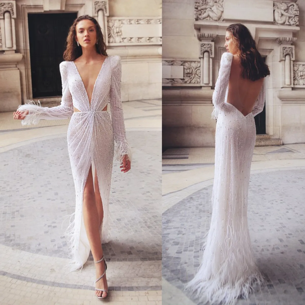 

Sexy Feather Mermaid Wedding Dresses Deep V-Neck Beads Long Sleeve Backlesss Ball Gown Front Split Cathedral Vestidos De Novia