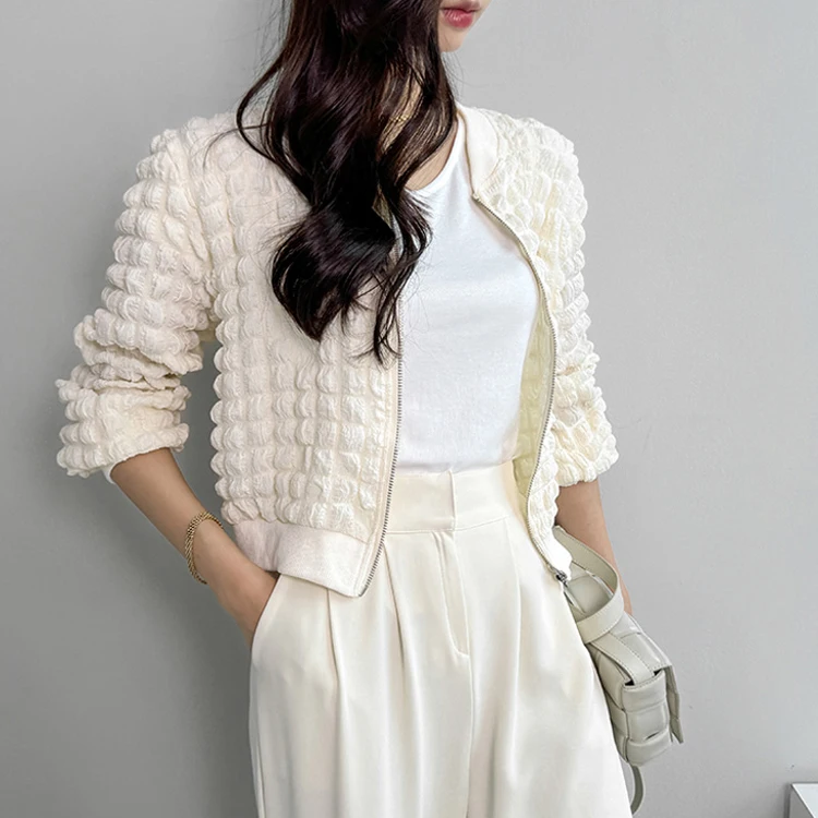 

Versatile Sweet And Sal Dongdaemun Zipper Jaet Elastic Bubble id Cardigan Korean Sle Outerwear for Women