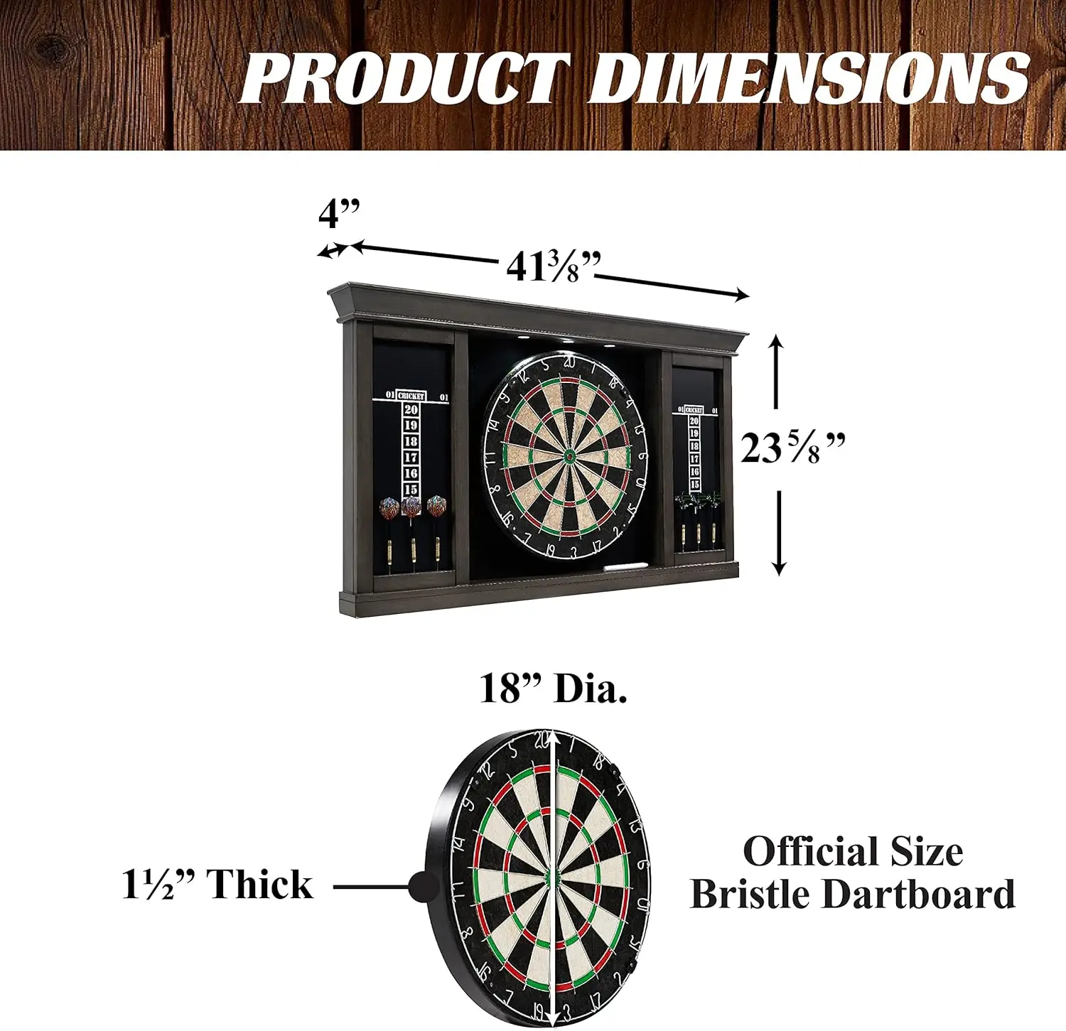 Assembled Wood Dartboard Cabinet Collection with 18” Bristle Dartboard & Steel Tip Dart Set, Perfect for Cricket Games