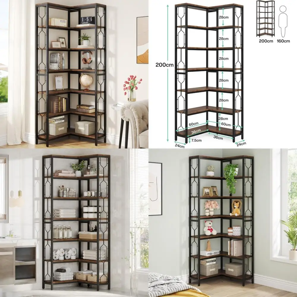 

7-Tier Industrial Style Corner Bookshelf - Wood and Metal Etagere for Living Room Display