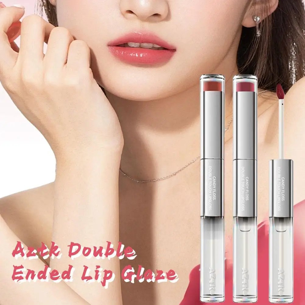 AZTK Double Head Lip Glaze Mirror Moisturizing Velvet Moisturizing Lip Mud ลิปสติก Cinnamon Bean Paste นักเรียน Lip Gloss