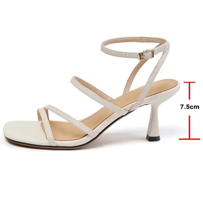 Meotina Women Genuine Leather Sandals Ankle Strap Kitten High Heel Sandals Buckle Narrow Band Sandals Lady Shoes Summer 40