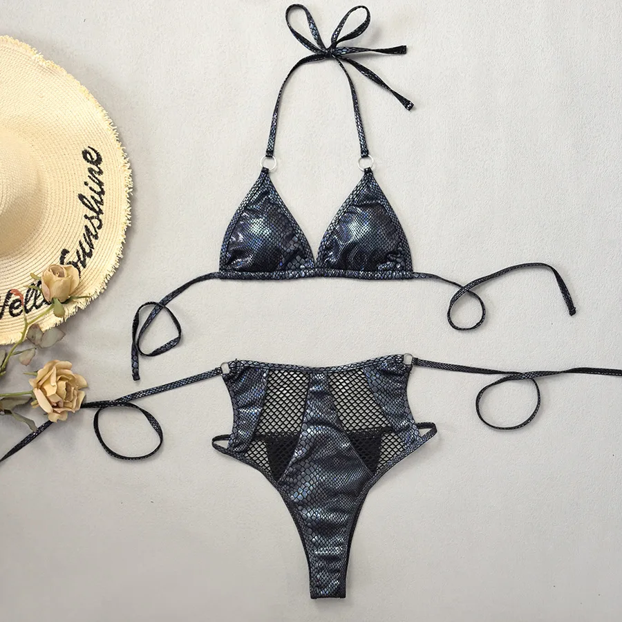 

sexy metallic glitter sequin black bikinis sets two pieces mesh patchwork highwaist swimsuits beachwear bathing suit swimwear