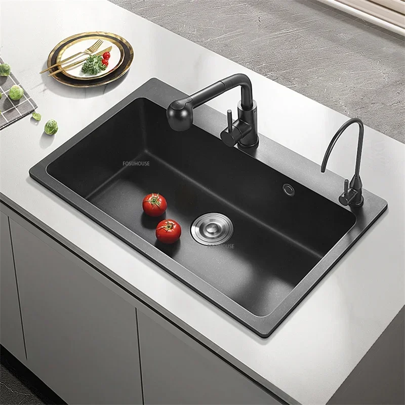 Household Kitchen Bar Sink With Drain Accessories Modern Black Granite Stone Kitchen Sink Bowl Home Improvement Kitchen Items