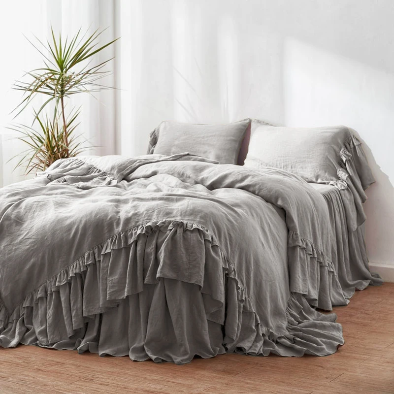 Pure Linen Bedding Set For Woman, Cute Girl Solid Color, Ruffles Duvet Cover And Pillow Covers, Queen King Size