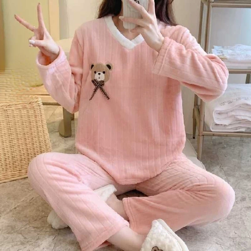 2024 neue Korallen samt Pyjamas Frauen Frühling Herbst Nachtwäsche Student Langarm Winter Homewear Flanell Plus Size Lounge wear Set