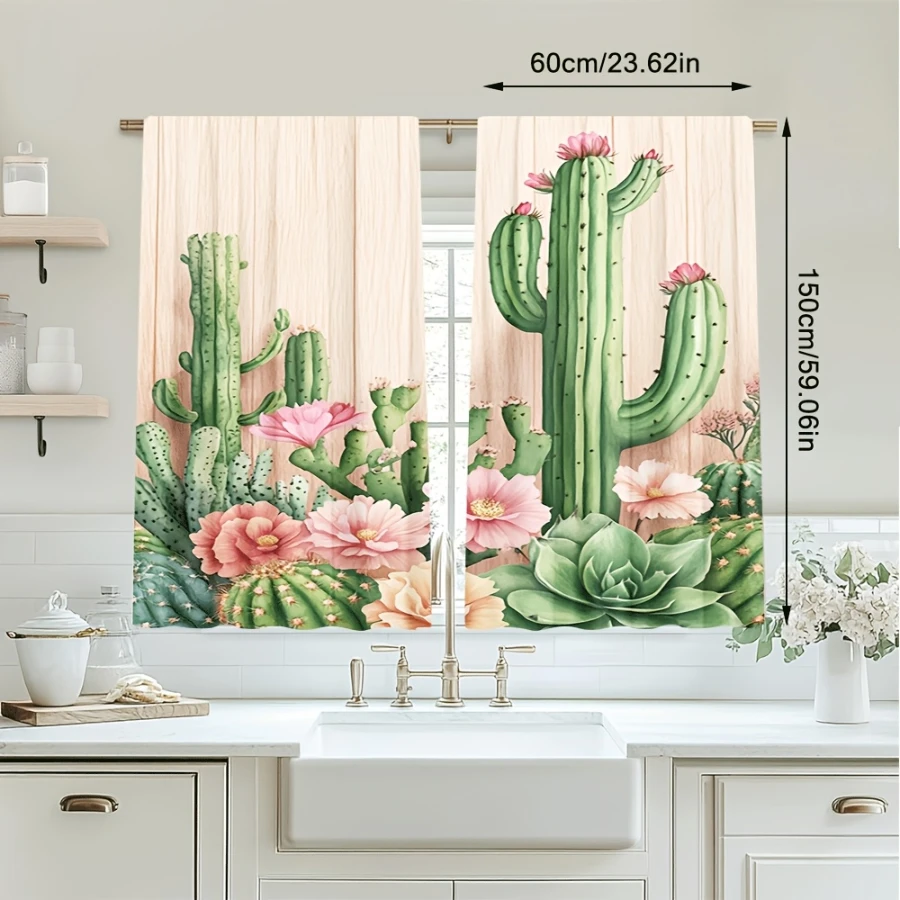 2PCS Digital Printed Curtains, Succulent Fairy Garden Pattern, Beautiful Window Drapes for Living Room Bedroom Home Decor