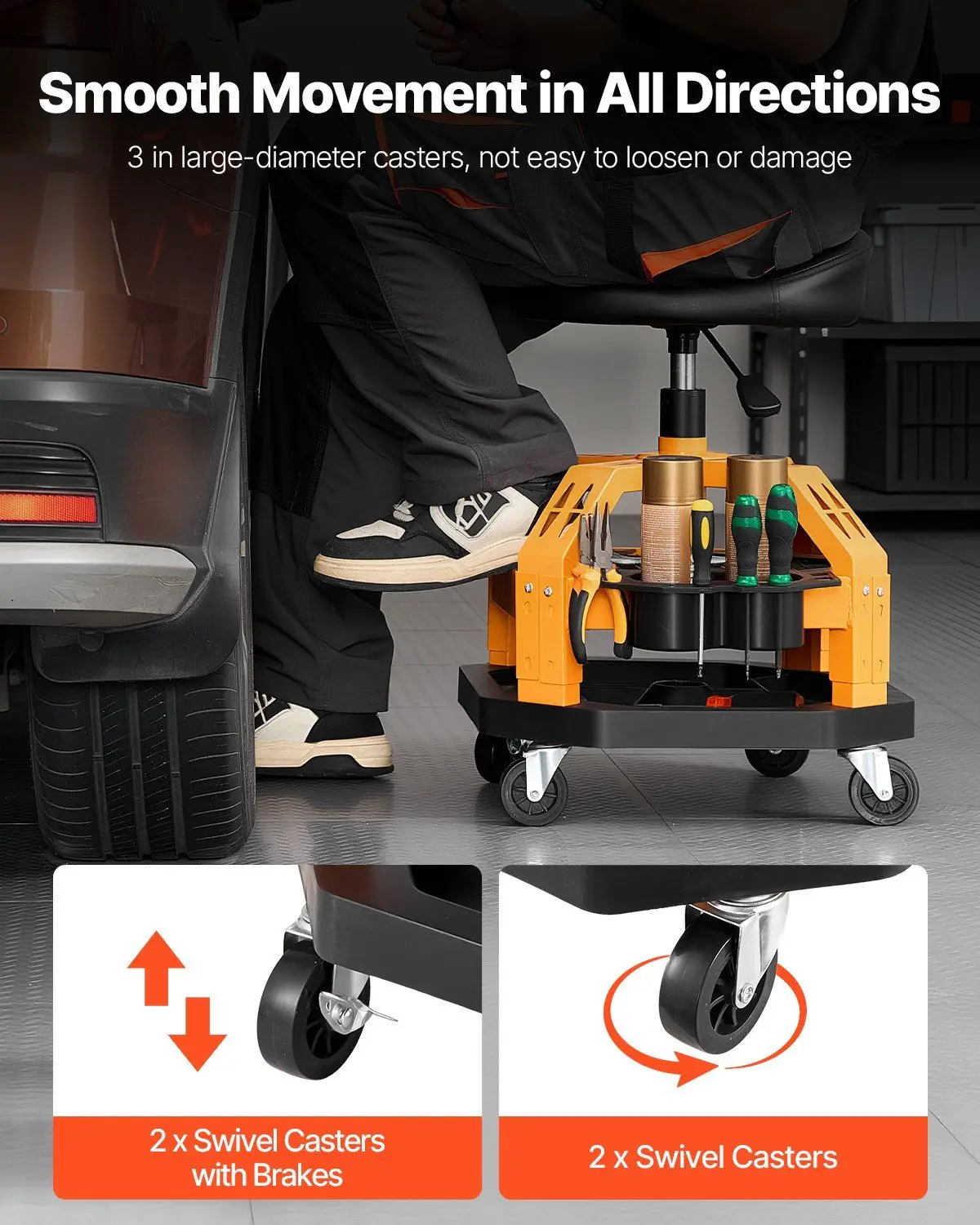 300파운드(약 136kg) 중량급 이동식 작업용 스툴, 높이 조절 및 잠금 바퀴 포함, 차고용 스툴, 이중 수납 트레이 및 캔 홀더