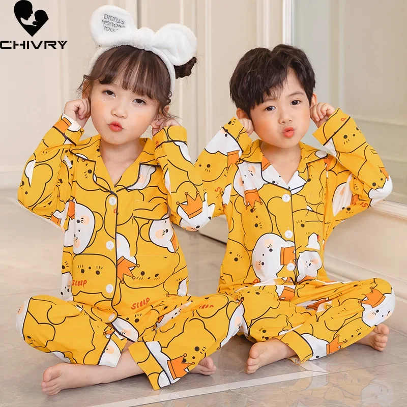 Pijama casual infantil de desenho animado, camisa de lapela, tops com calça, vestido de dormir solto para bebês meninos e meninas, novo verão, 2022