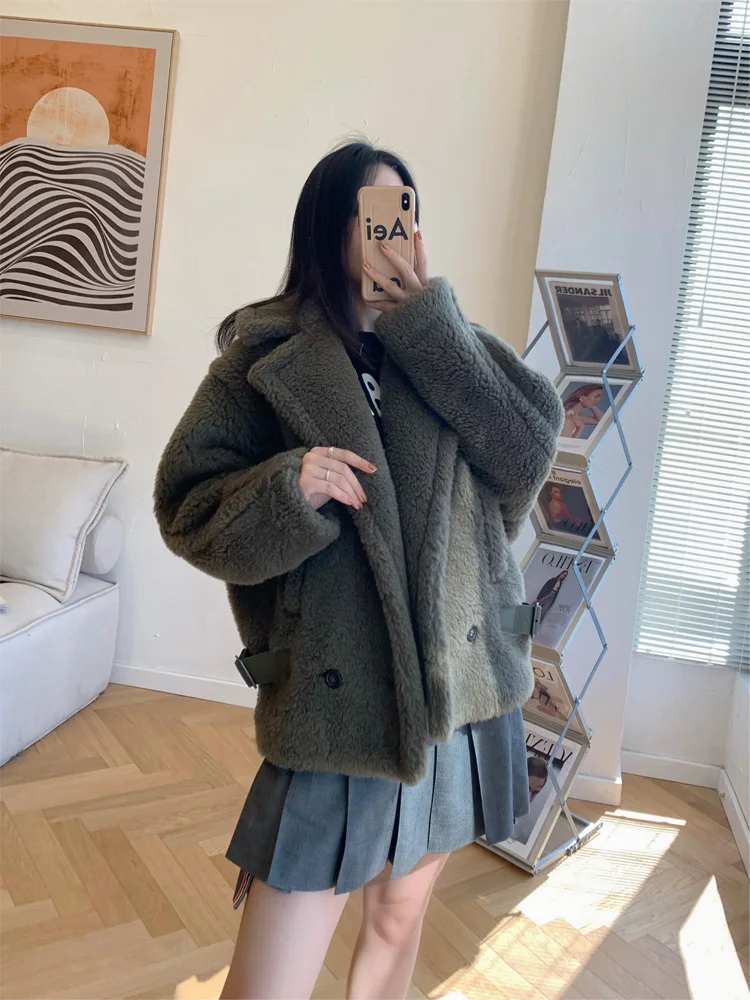 

2023 New Short Solid Color Teddy Bear Alpaca Fur Coat Women Thick Teddy Warm Real Fur Coat Fashion Long Sleeve Jacket Autumn Win