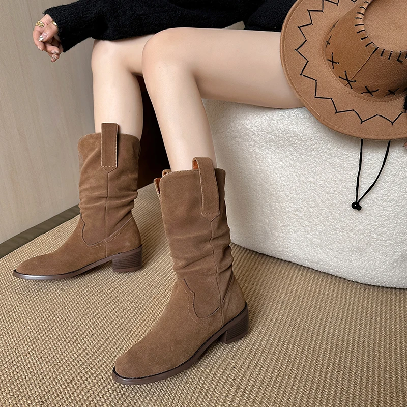 

New Cow Suede Women Mid-calf Boots Round Toe Western Cowboy Boots Thick High Heels Shoes Woman Autumn Winter Boots Size 34-39