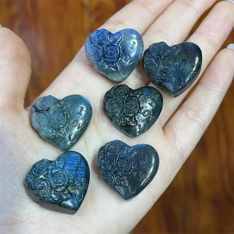 1PCS Natural Labradorite Flower LOVE Heart Carving Crystal Heart Beads DIY Charms For Women Jewelry Gift