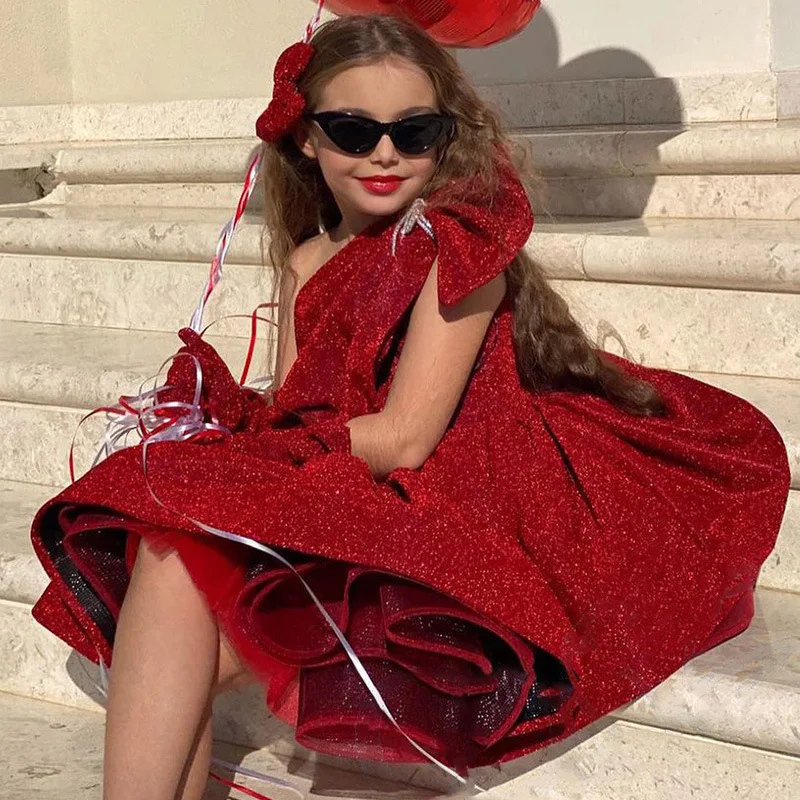 Red One-Shoulder Sequin Kids Princess Dress - Tulle Tutu Formal Pageant Birthday Banquet Host Performance Costume with Bowknot